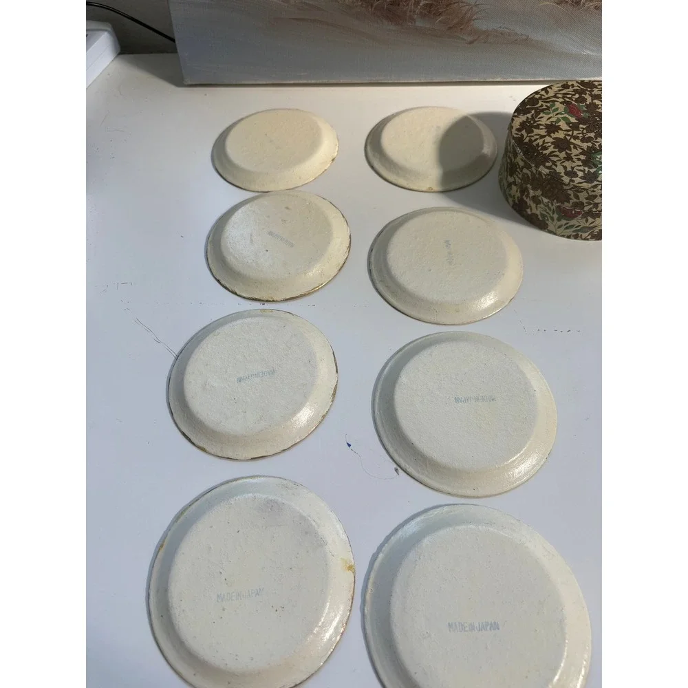 Vintage Made in Japan Papier Mache Floral Coaster Set of 8 with Matching Box